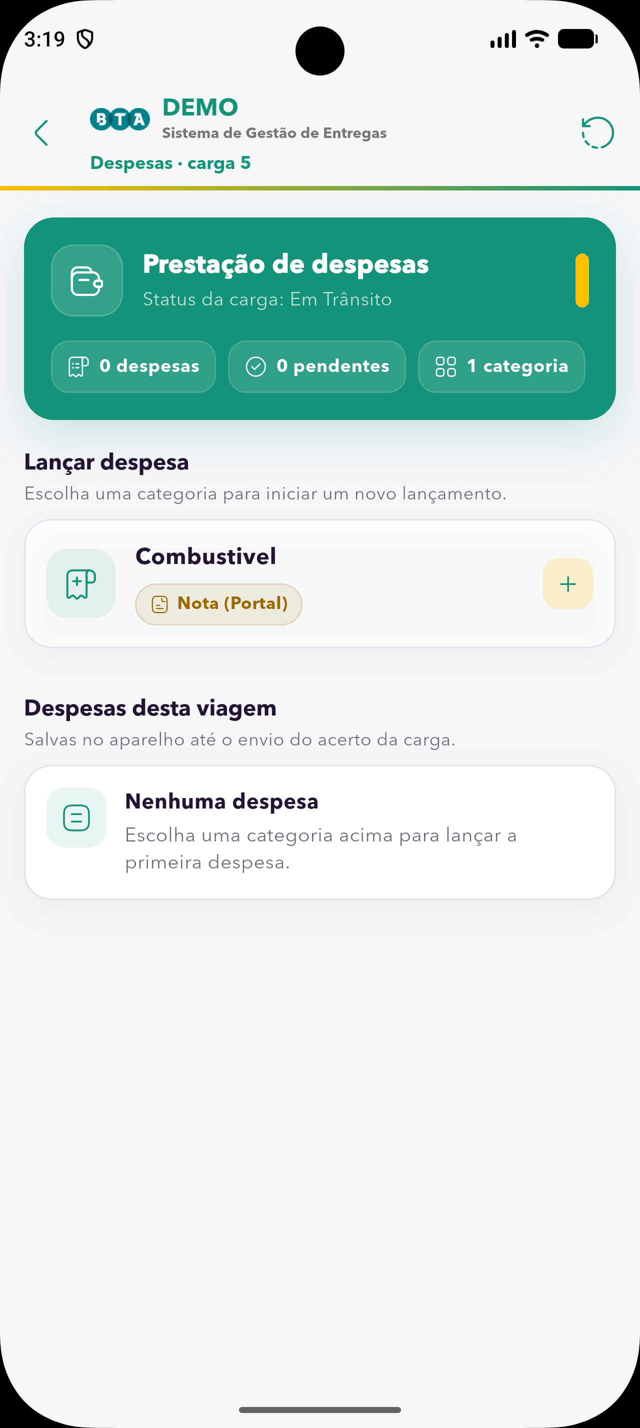 Prestação de despesas no Loop Delivery, com lançamento da categoria Combustível