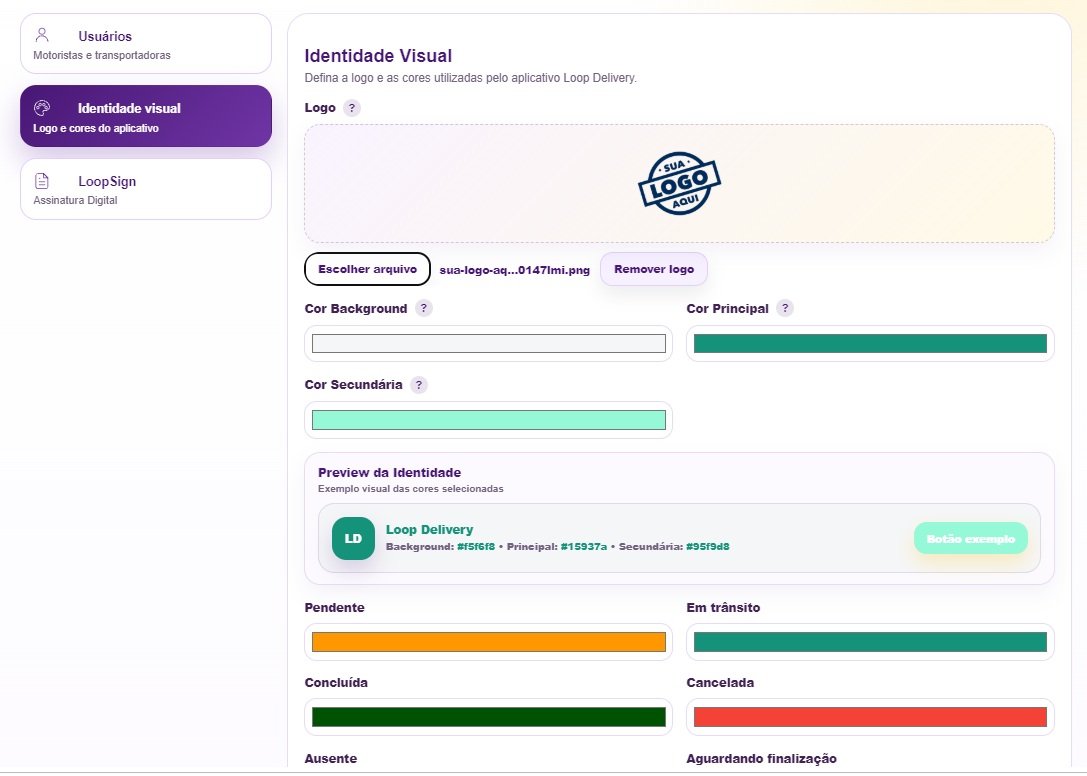 Tela de identidade visual do Loop Delivery para configurar a logo e as cores do aplicativo