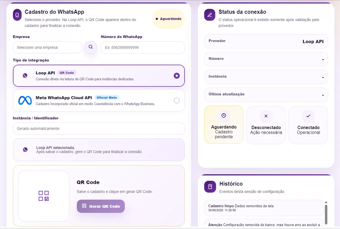 Tela de configuração do WhatsApp no Loop Hub